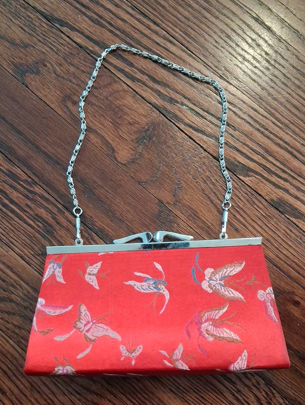 Red Satin Butterfly Print Evening Clutch with Silver Chain Purchased In Japan
